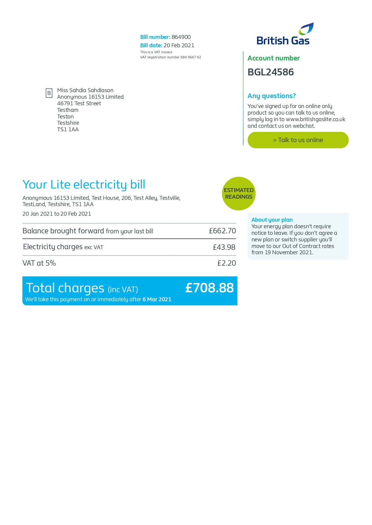 Business Energy Bill Example From British Gas Page 0001